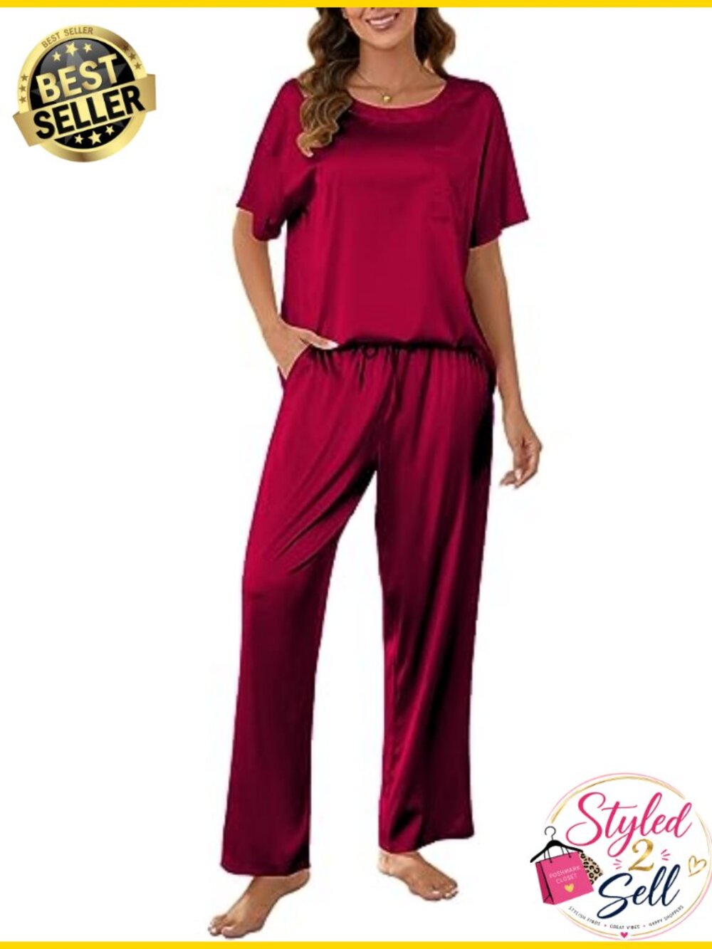 Women's Satin Pajama Set 2 Piece Loungewear with Pockets